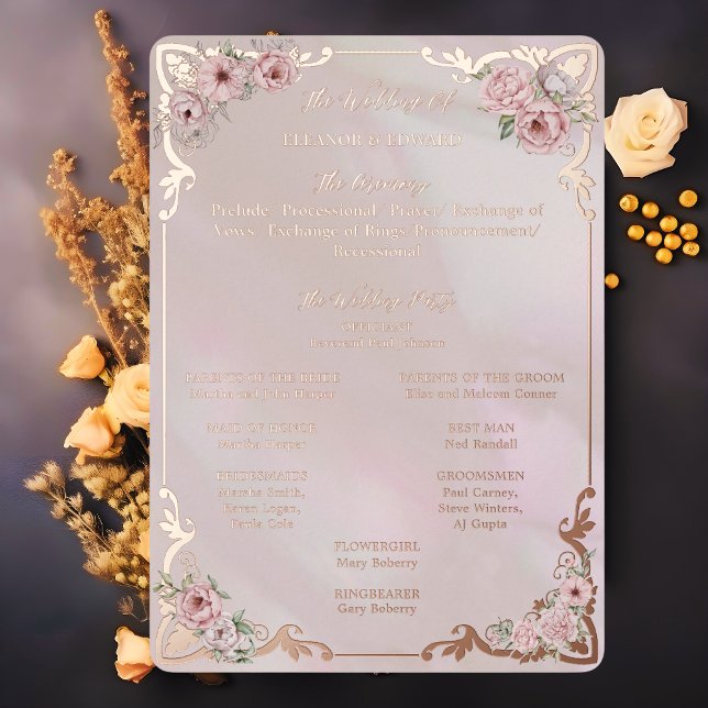 Carte de programme de mariage en feuille d'or rose (Créateur téléchargé)