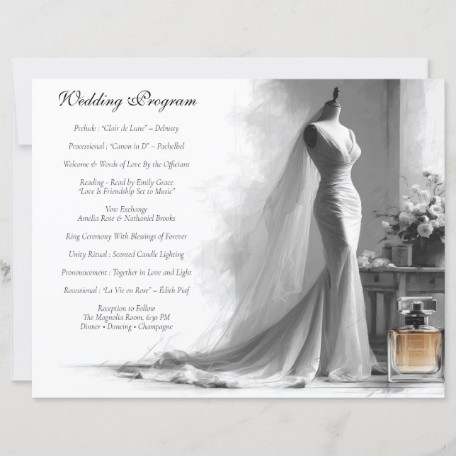Carte de programme de mariage esquisse romantique  (Devant)