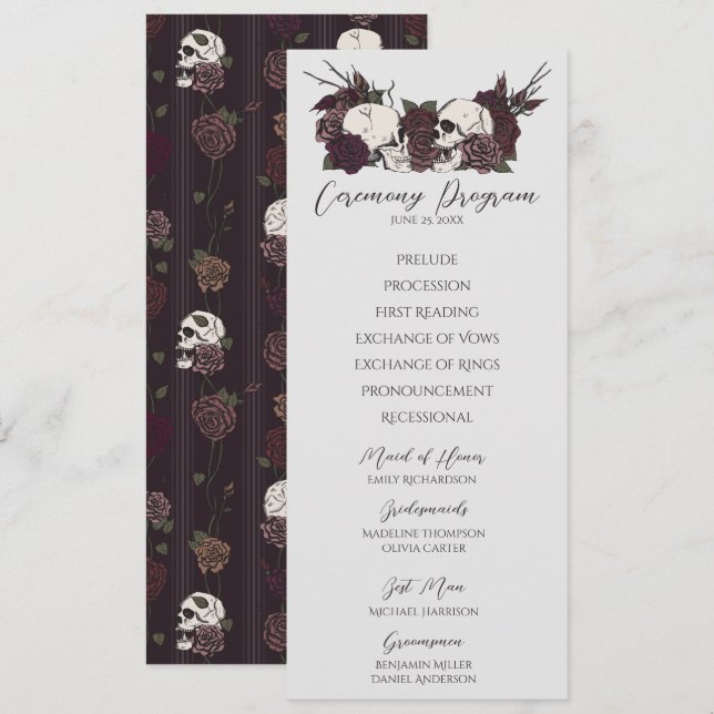 Carte de Programme de Mariage Fleurie Gothique Gri (Devant / Derrière)