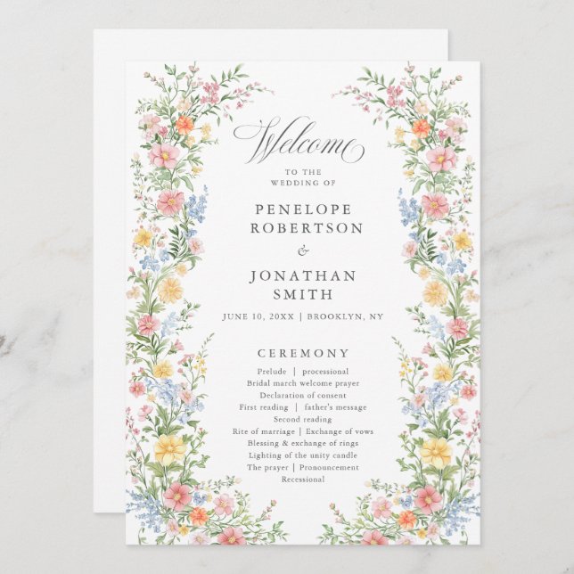 Carte de programme de mariage floral de jardin de  (Devant / Derrière)