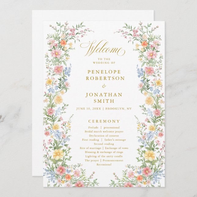 Carte de programme de mariage floral de jardin de  (Devant / Derrière)