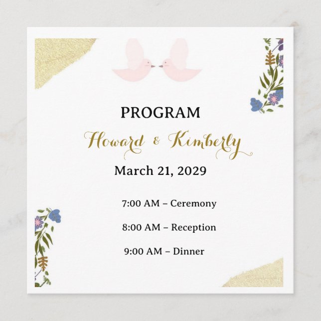 Carte de programme de mariage floral élégant (Devant)