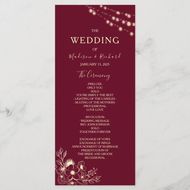 Carte de Programme de Mariage Floral Or Bourgogne (Devant)