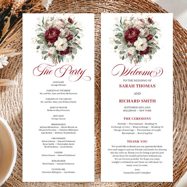 Carte de Programme de Mariage Florale Bordeaux Blu (Elegant Blush Burgundy Floral Wedding Program Card)