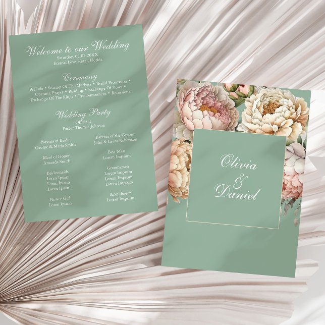 Carte de Programme de Mariage Jardin de Pivoine Ve (Boho Pastel Sage & Blush Peonies Wedding Program on a sunny neutral dry palm leaf.)