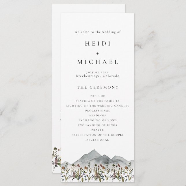Carte de programme de mariage long HEIDI Boho Wild (Devant / Derrière)