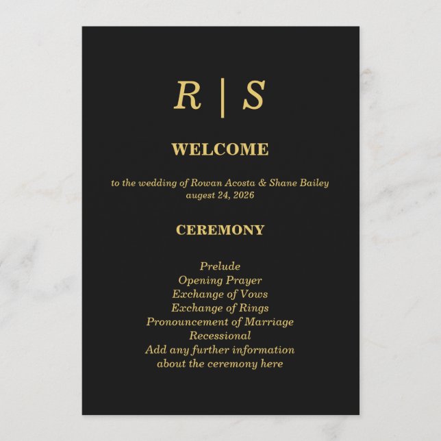 Carte de Programme de Mariage Luxe Noir et Or (Devant)