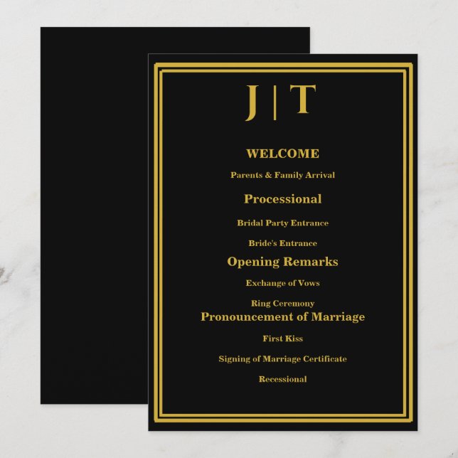 Carte de programme de mariage luxe noir et or mono (Devant / Derrière)
