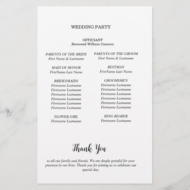 Carte de programme de mariage minimaliste (Dos)