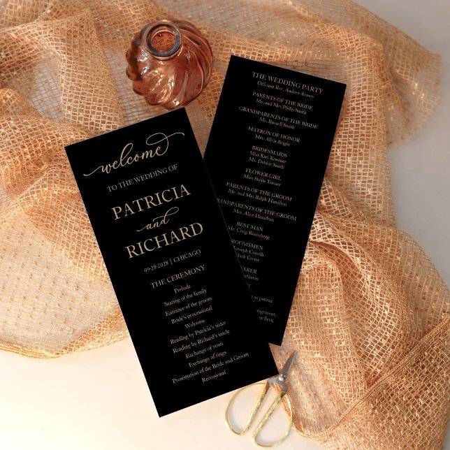 Carte de programme de mariage noir avec écriture d (Créateur téléchargé)