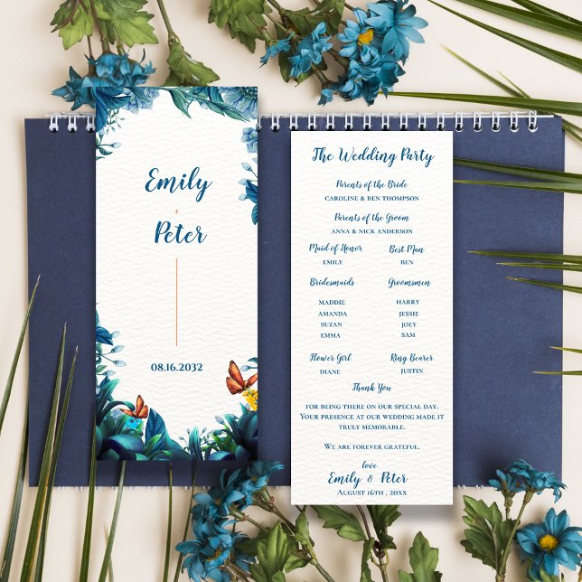 Carte de programme de mariage papillon botanique b (Blue Botanical Butterfly Wedding Program Card)