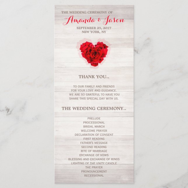 Carte de programme de mariage rouge rose hhn01 (Devant)