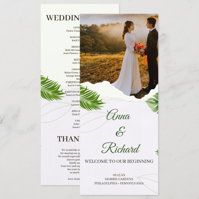 Carte de Programme de Mariage Tropical Romantique (Devant / Derrière)