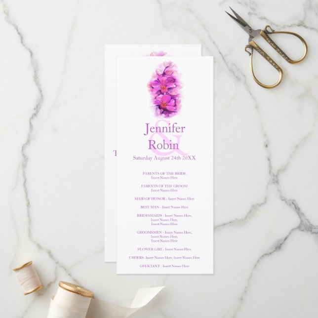 Carte de programme de mariage violet rose orchidée (Devant/Arrière en situation)