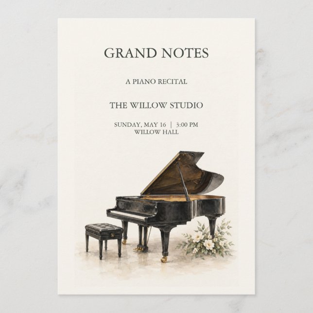Carte de programme de récital de piano modifiable  (Devant)