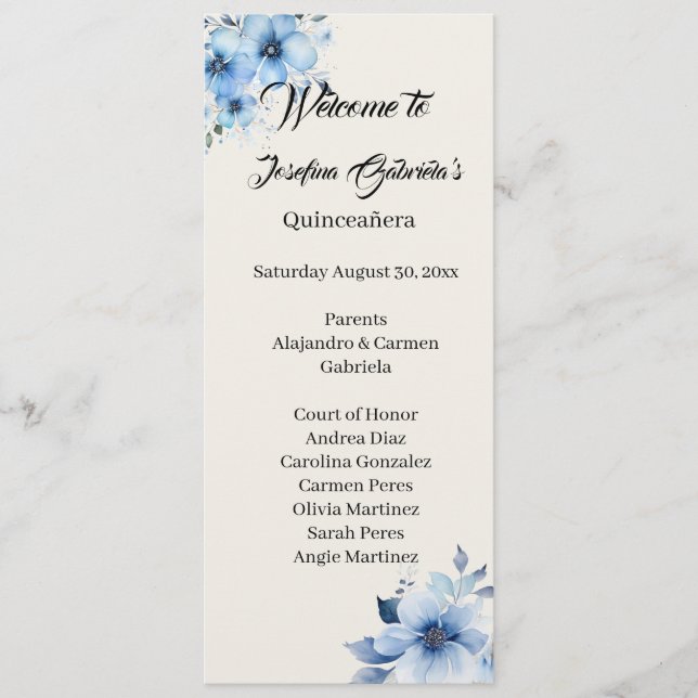 Carte de programme double face bleu pour Quinceane (Devant)