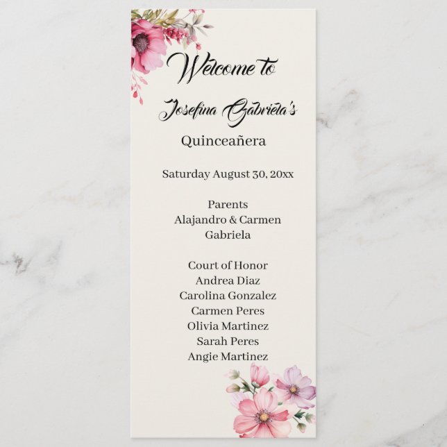 Carte de programme double face rose Quinceanera  (Devant)