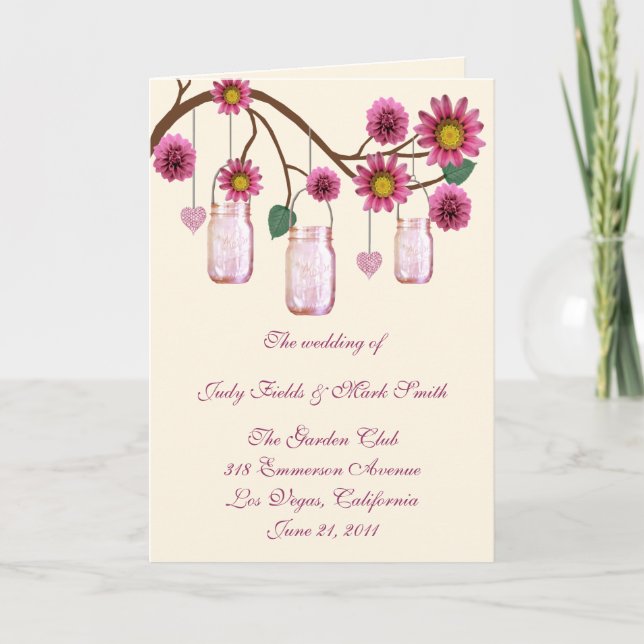 Carte de programme Mason Jars Fleurs Roses (Devant)