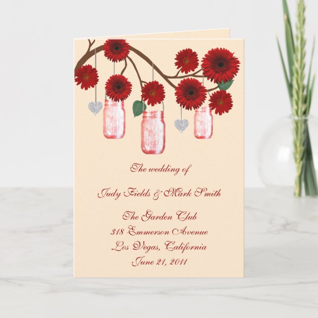 Carte de programme Mason Jars Fleurs Rouges (Devant)