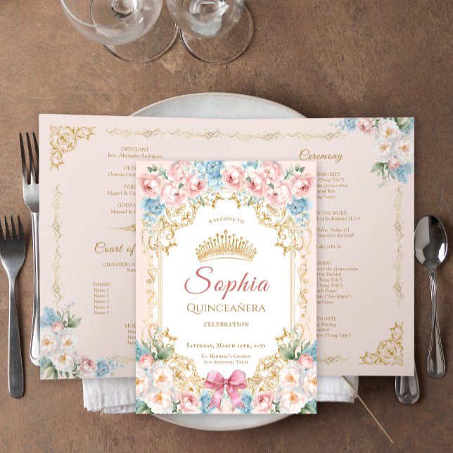 Carte de programme Quinceanera à poitrine rose cla (Classy Pink Blue Floral Quinceanera Program Card)