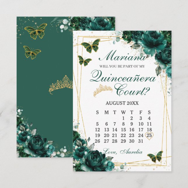 Carte de proposition de cour de Quinceanera vert é (Devant / Derrière)