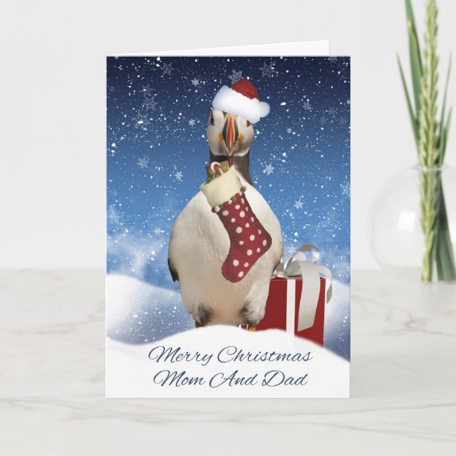 Carte De Puffin De Noël Maman Et Papa Avec Stocker (Devant)