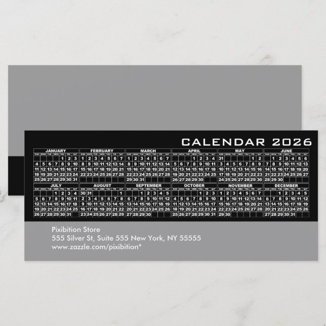 Carte de rack d'affaires 2026 Calendrier noir (Devant / Derrière)
