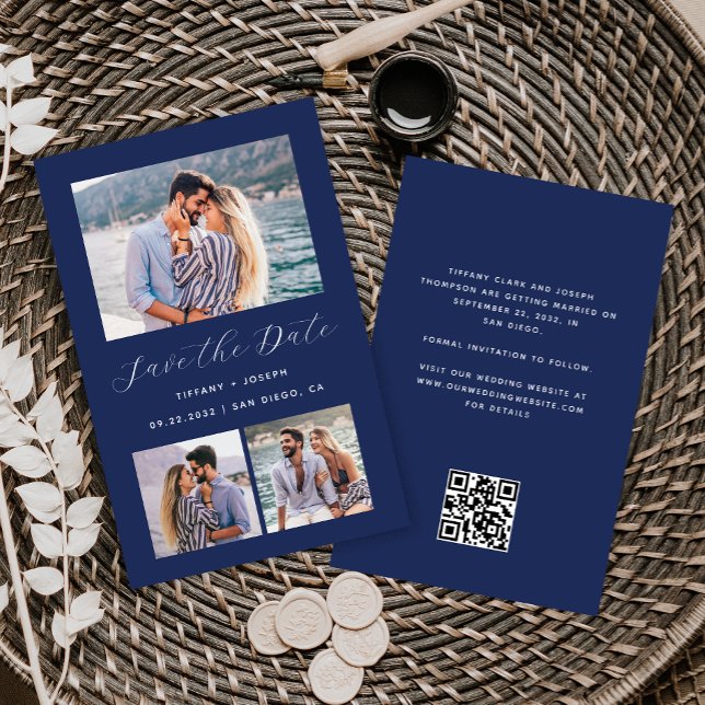 Carte de rappel 3-Photo Bleu marine Code QR Save t (Créateur téléchargé)