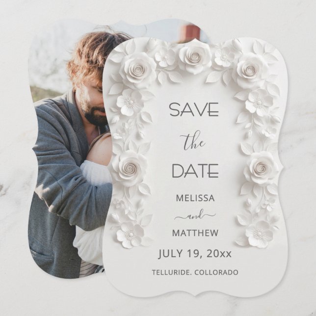 Carte de rappel 3D White Roses Save The Date (Devant / Derrière)