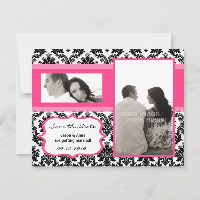 Carte de rappel 4x5 - Damassé noir et rose vif (Devant)