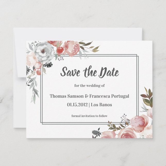 Carte de rappel à save the date aquarelle rose et  (Devant)