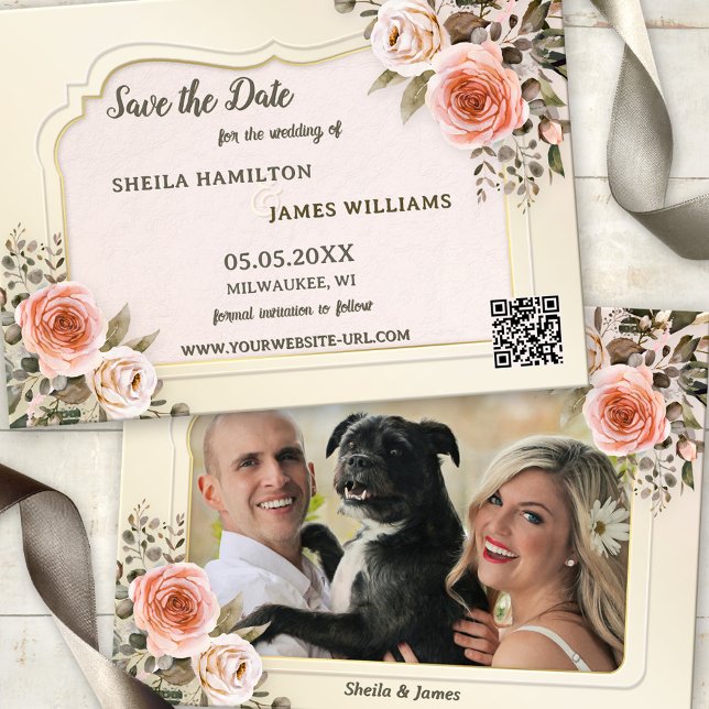 Carte de rappel Boho Chic aquarelle pour photo (Save the Date card featuring romantic blush pink watercolor roses with your photo and a QR code)