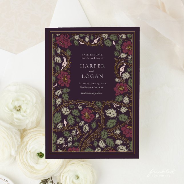 Carte de rappel burgundy florale en or (Burgundy Gold Art Nouveau Save the Date Card)