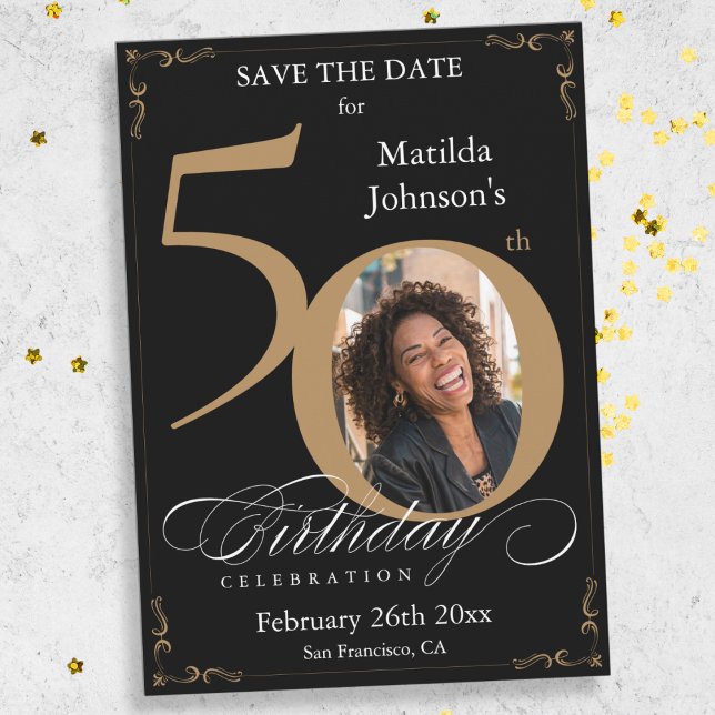 Carte de rappel de 50e anniversaire noir et or à s (Mockup View)