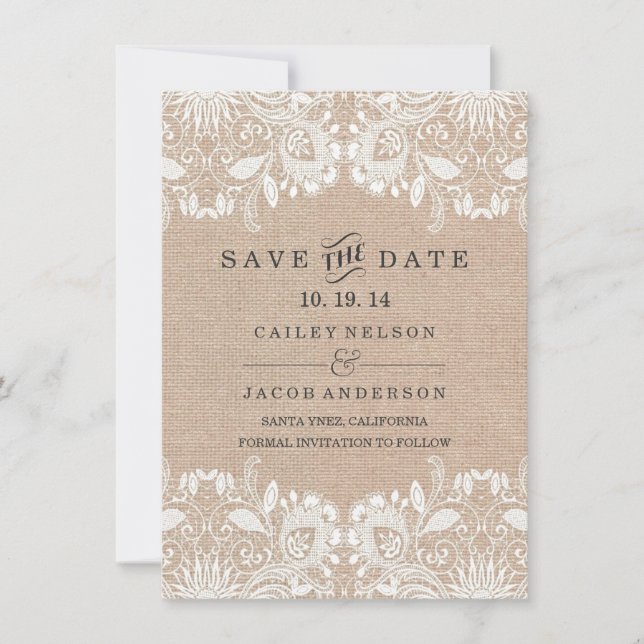 Carte de rappel de date à sauver Burlap & Lace (Devant)