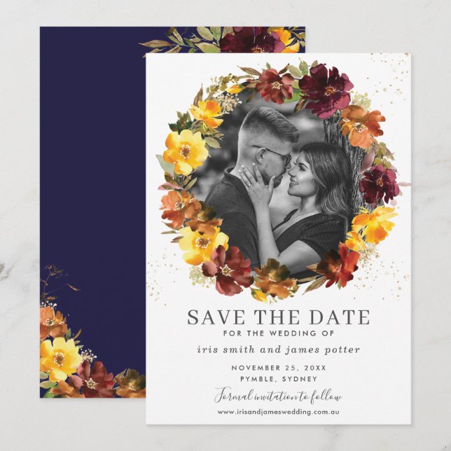 Carte de rappel de date de mariage à photo florale (Devant / Derrière)