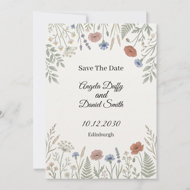 Carte de rappel de date de mariage aux fleurs sauv (Devant)