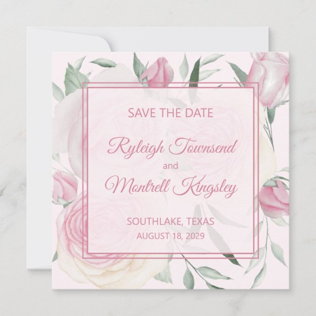 Carte de rappel de date de mariage avec des roses  (Devant)