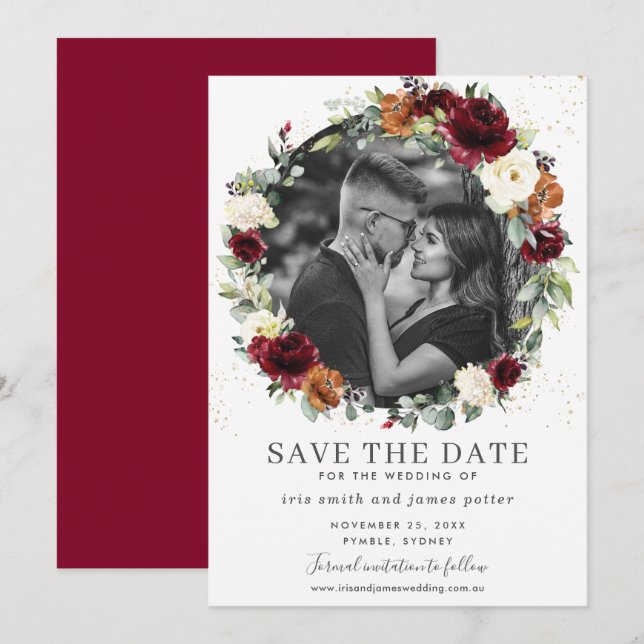Carte de rappel de date de mariage avec fleurs en  (Devant / Derrière)