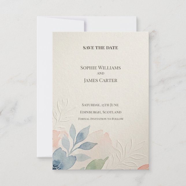 Carte de rappel de date de mariage botanique bleu  (Devant)