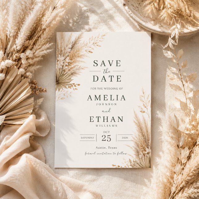 Carte de rappel de date de mariage botanique Pampa (Neutral Pampas Save the Date with timeless boho elegance and earthy botanical details.)