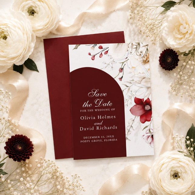 Carte de rappel de date de mariage en floral borde (Burgundy Ivory Floral Save the Date Card)