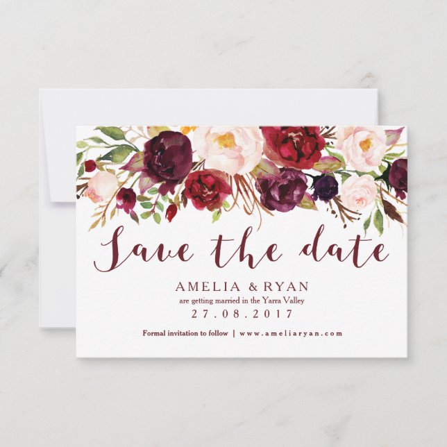 Carte de rappel de date de mariage Floral Bourgogn (Devant)