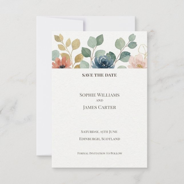 Carte de rappel de date de mariage florale à l'euc (Devant)