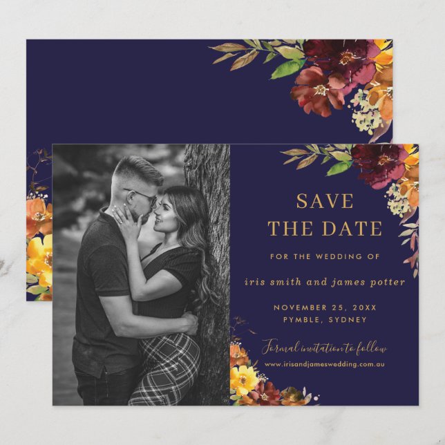 Carte de rappel de date de mariage florale orange  (Devant / Derrière)