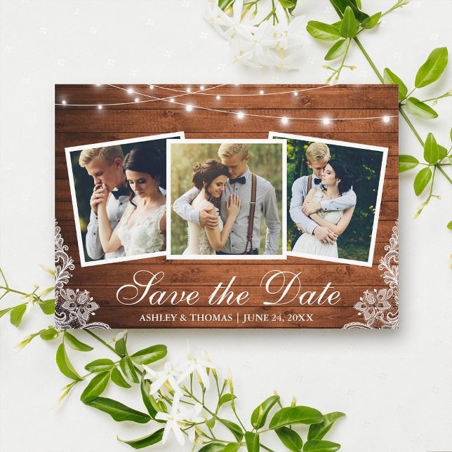 Carte de rappel de date de Rustic Wood Lights Lace (Customize to add more text or more photos to back of card.)