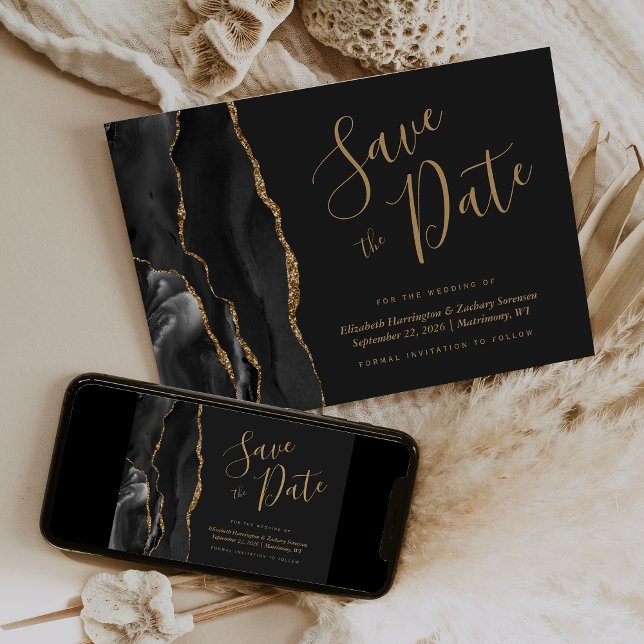 Carte de rappel de date moderne en agate noir et o (Créateur téléchargé)