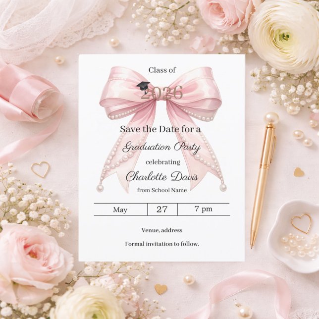 Carte de rappel de graduation perle à ruban rose (Créateur téléchargé)