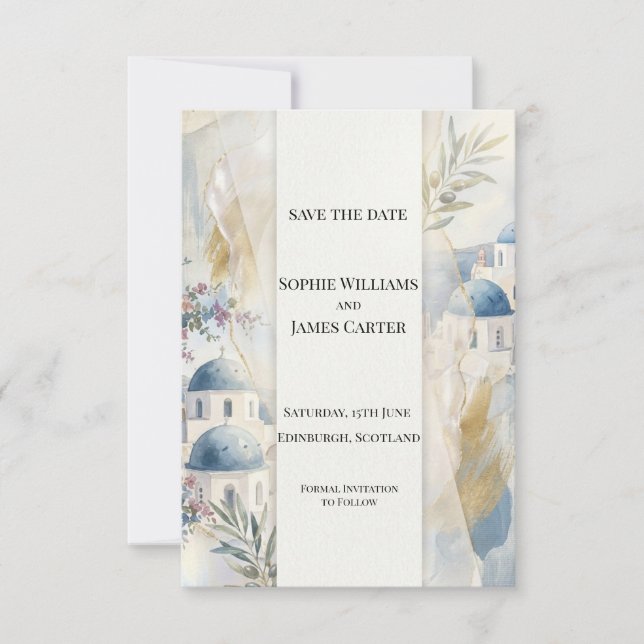 Carte de rappel de mariage à Santorin bleu pâle (Devant)