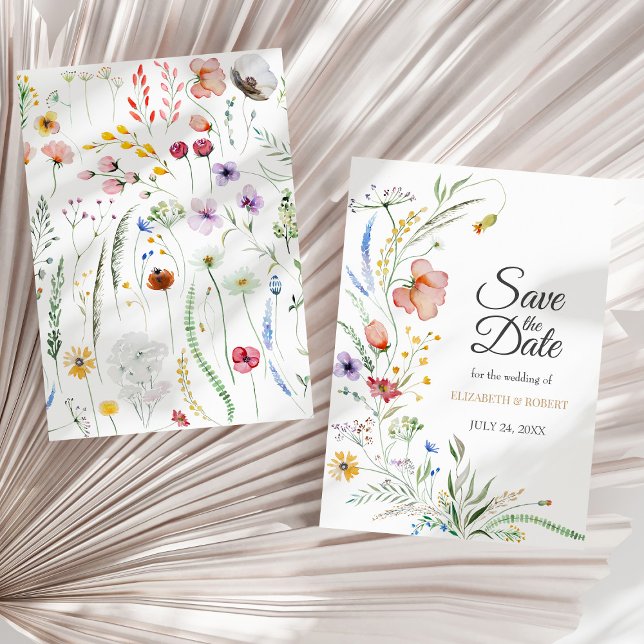 Carte de rappel de mariage champêtre colorée (Bohemian Watercolor Wildflowers Save The Date Card on a sunny neutral dry palm leaf.)